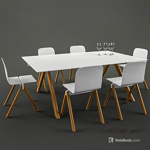 Modern Minimalist Dining Table Set with White Wooden Legs and White Chairs with Wine Glasses 3d model 