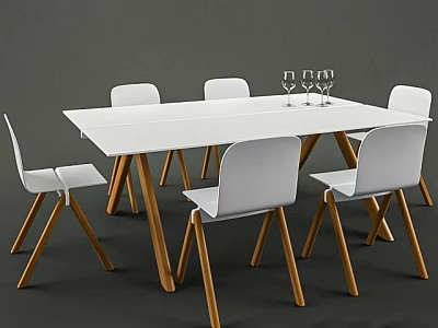 Modern Minimalist Dining Table Set with White Wooden Legs and White Chairs with Wine Glasses 3d model