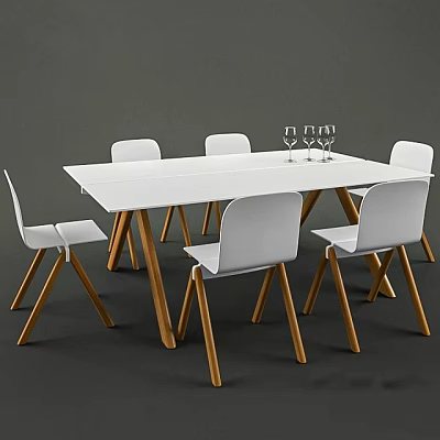 Modern Minimalist Dining Table Set with White Wooden Legs and White Chairs with Wine Glasses 3d model
