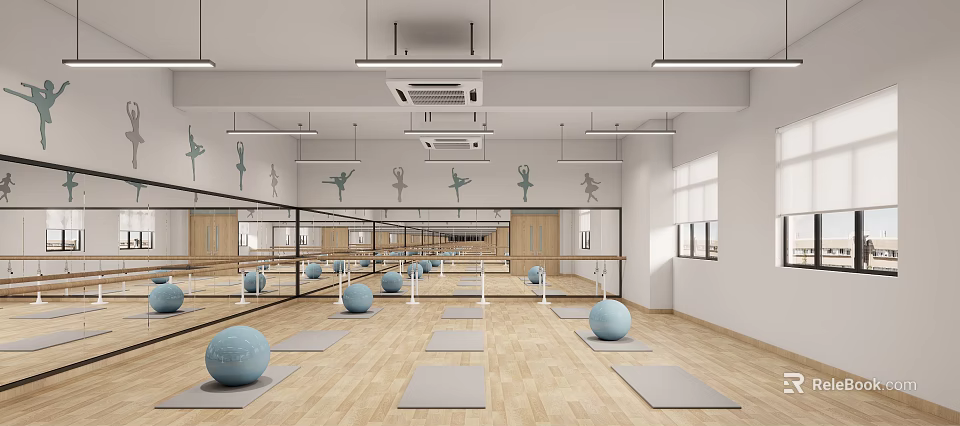 Yoga Dance Studio With Mats Balls Barres And Dance Decals 3d model 