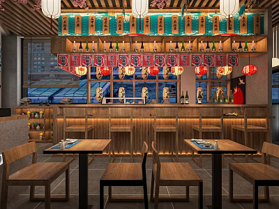 Traditional Asian Restaurant Interior With Wooden Tables Bar Counter Red Lanterns And Wine Bottles 3d model