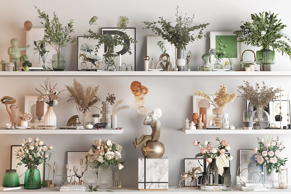Stylish Decorative Ornaments Set With Green Plants Vases Photo Frames And Sculptures On Shelves 3d model 