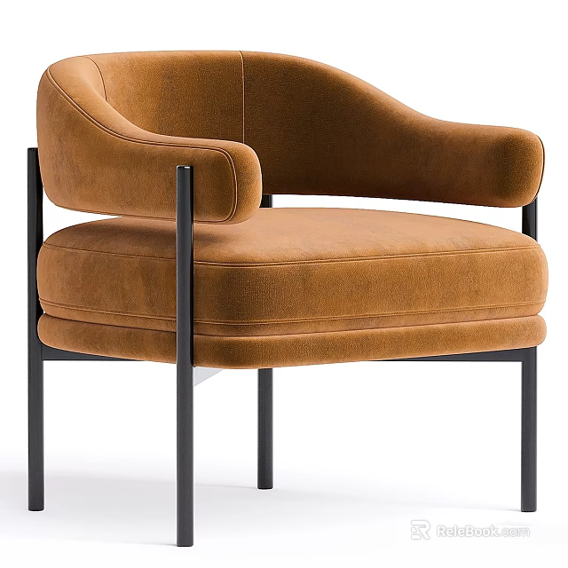 Modern Brown Velvet Single Sofa With Sleek Black Metal Legs Design 3d model 