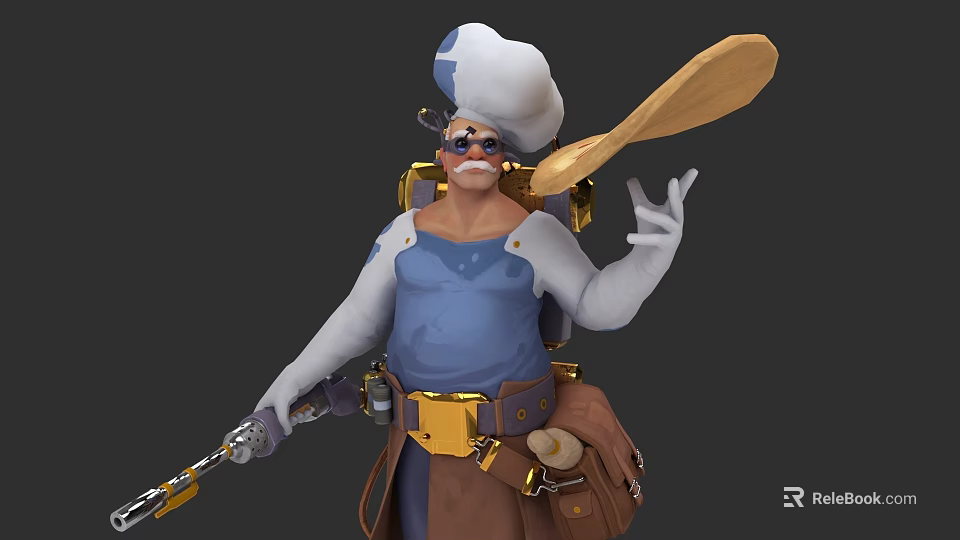 Man With Chef Hat And Goggles Holding Large Wooden Spoon With Tool Bag 3d model 