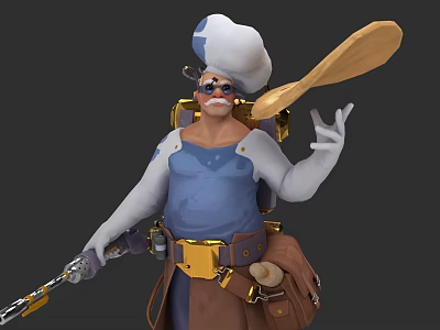 Man With Chef Hat And Goggles Holding Large Wooden Spoon With Tool Bag 3d model