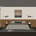 Modern Bedroom With Wooden Bedhead Wall Woven Art Wall Lamps Area Rug And Indoor Plants