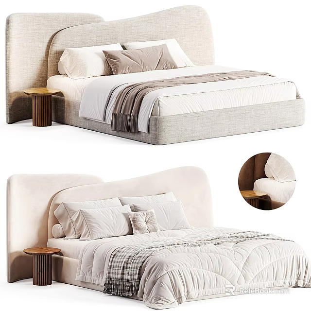 Modern Double Bed with Upholstered Headboard Soft Pillows Cozy Blanket and Wooden Side Table 3d model 