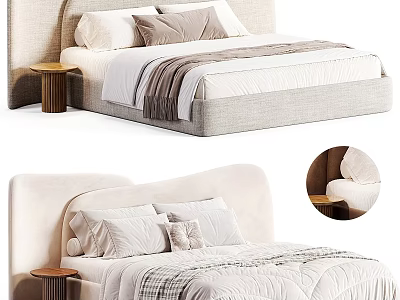Modern Double Bed with Upholstered Headboard Soft Pillows Cozy Blanket and Wooden Side Table 3d model