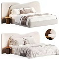Modern Double Bed with Upholstered Headboard Soft Pillows Cozy Blanket and Wooden Side Table