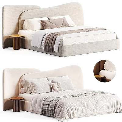 Modern Double Bed with Upholstered Headboard Soft Pillows Cozy Blanket and Wooden Side Table 3d model