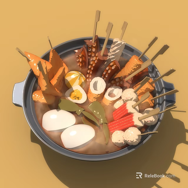 Delicious Assorted Food Skewers with Eggs Meatballs and Vegetables in Hot Pot Broth 3d model 