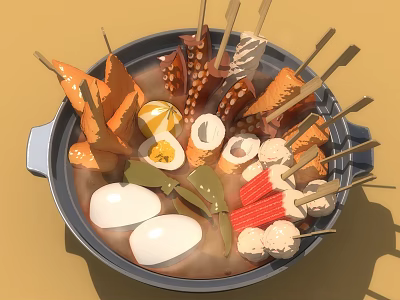 Delicious Assorted Food Skewers with Eggs Meatballs and Vegetables in Hot Pot Broth 3d model