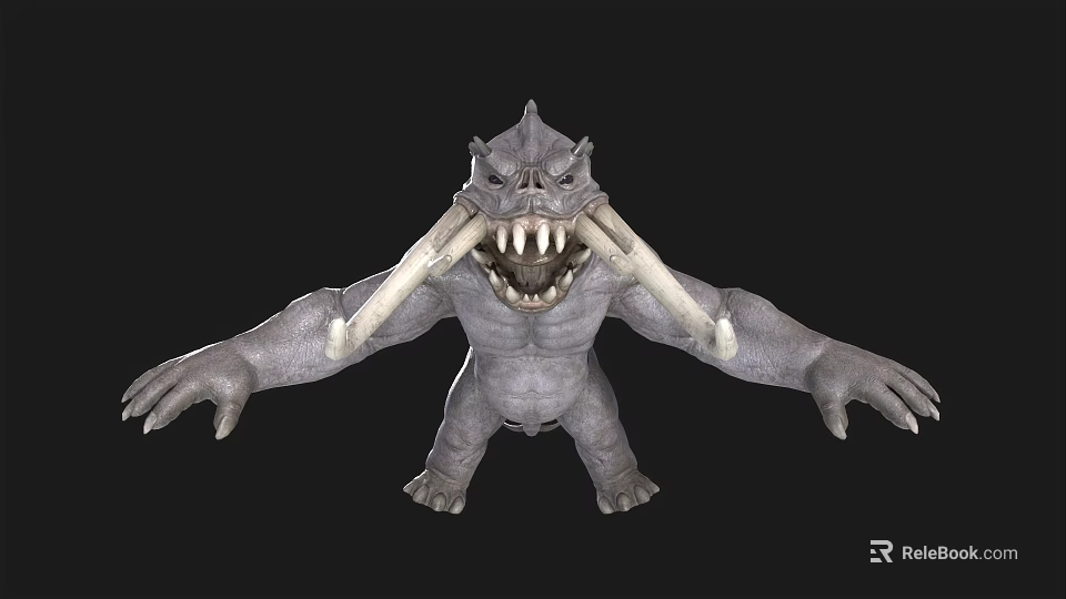 Grey Fantasy Monster With Large Tusks Sharp Teeth Open Mouth And Outstretched Arms 3d model 
