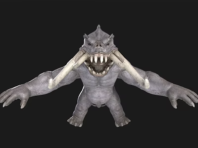 Grey Fantasy Monster With Large Tusks Sharp Teeth Open Mouth And Outstretched Arms 3d model
