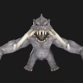 Grey Fantasy Monster With Large Tusks Sharp Teeth Open Mouth And Outstretched Arms