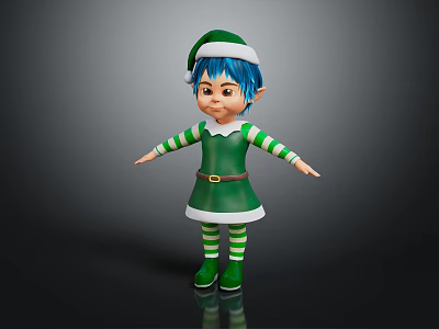 Cartoon Elf Character With Blue Hair Green White Outfit Striped Stockings And Green Shoes 3d model