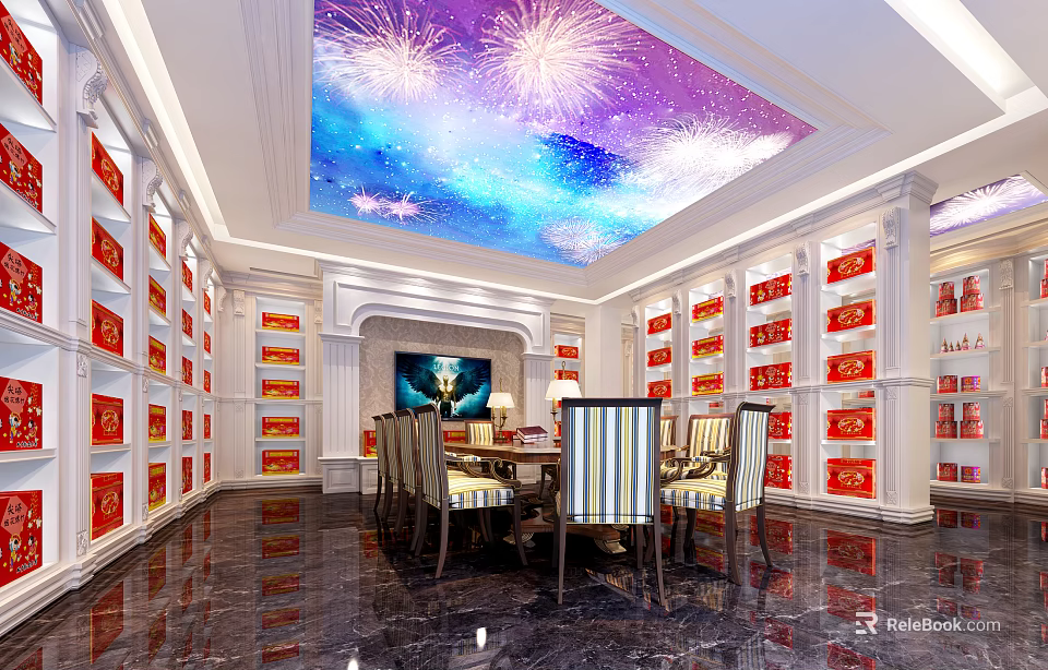 Specialty Store Interior With Starry Sky Ceiling Red Packaged Boxes And Dining Table 3d model