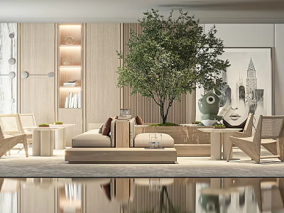 Modern Minimalist Sofa And Coffee Table Set With Wooden Elements Tree Decorative Painting And Rug 3d model