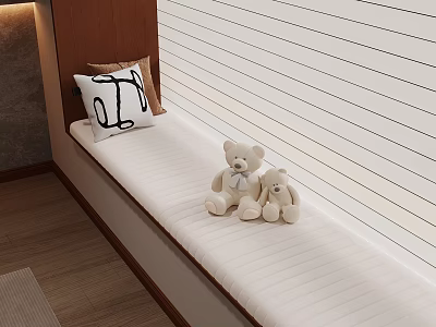 Cozy Window Seat Area With White Teddy Bears Decorative Pillow And Wooden Floor White Blinds 3d model