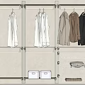 White Shelving Unit with Clothes Rail Various Colored Clothes Lower Shelves White Boxes Wire Baskets