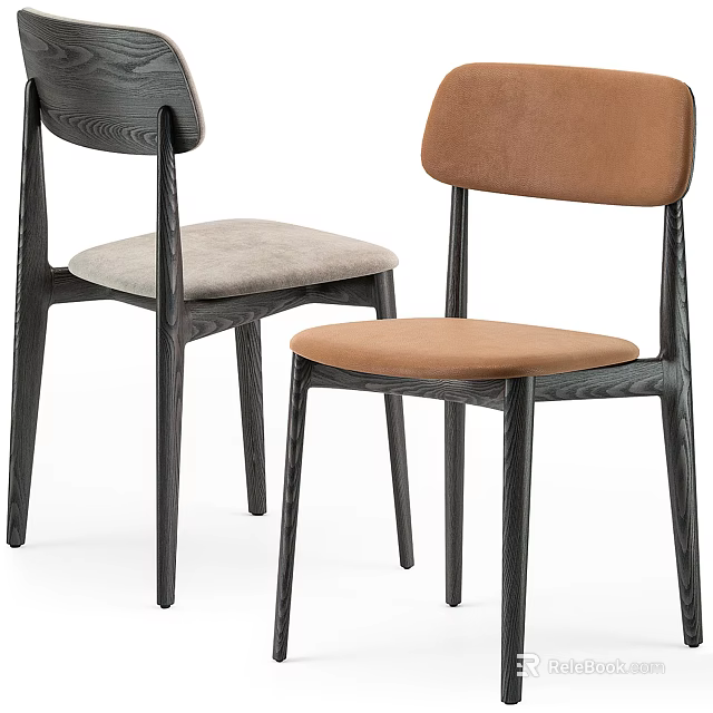 Stylish Dining Chairs With Black Wooden Frame And Gray Brown Upholstered Seats 3d model 