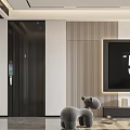 Modern Living And Dining Area Interior Design With Grey Sofa Round Clock And Smart Refrigerator 3d model