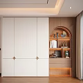 Modern White Decorative Cabinet With Arched Open Shelf And Ornaments In Bright Room