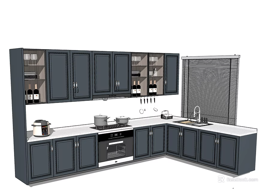 Modern Kitchen With Dark Wood Cabinets Upper Lower Storage And Countertop Sink Oven 3d model 