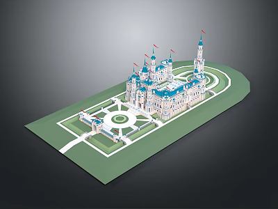 Detailed 3D Model Castle With Blue Towers White Walls Symmetrical Garden And Green Lawn 3d model