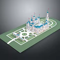 Detailed 3D Model Castle With Blue Towers White Walls Symmetrical Garden And Green Lawn