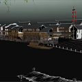 Ancient Architecture Riverside Scene With Wooden Plank Road Small Boats And Willow Trees