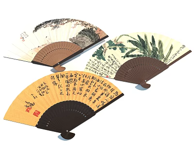 Handcrafted Traditional Chinese Fans With Landscape Plant Patterns And Calligraphy Art 3d model