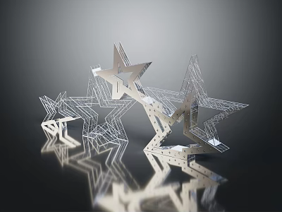 Silver Wireframe Star Structures with Hollow Design on Smooth Black Surface and Reflections 3d model