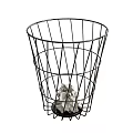 Black Wire Mesh Trash Bin With Conical Shape And Paper Waste Inside