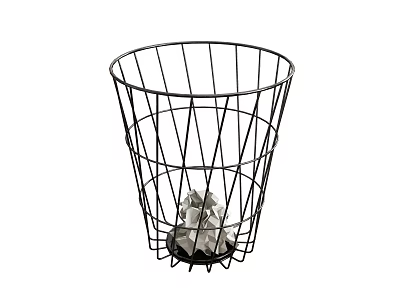 Black Wire Mesh Trash Bin With Conical Shape And Paper Waste Inside 3d model