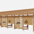 Wooden Pergola With Grilled Roof Bamboo Screens Landscape Paintings And Wooden Seats