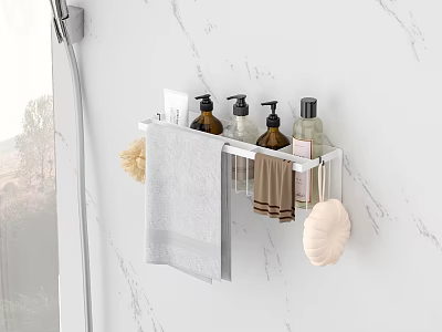 Bathroom Shower Caddy With Toiletries Towel And Marble Wall Background 3d model