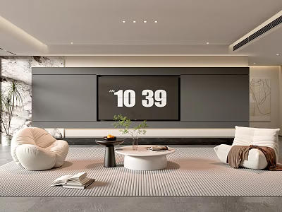 Modern Minimalist Living Room Interior With Black TV Wall White Lounge Chairs And Striped Rug 3d model