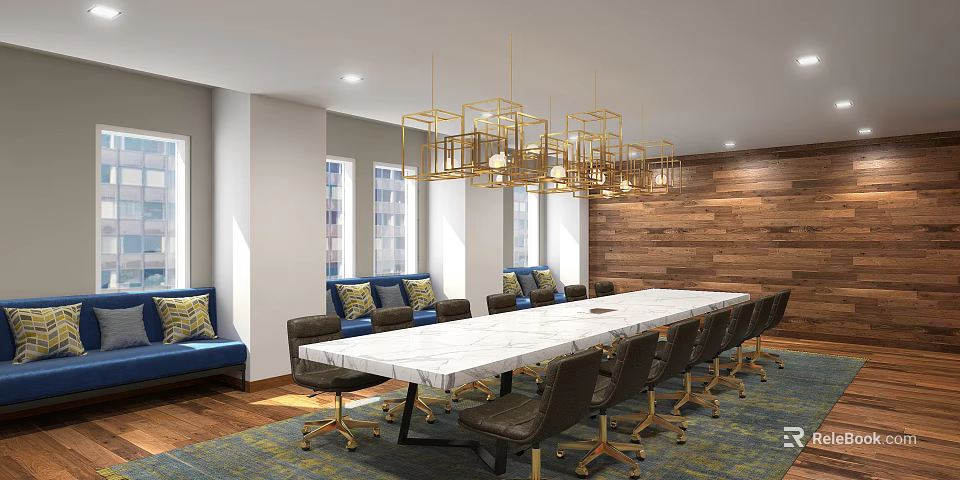 Elegant Modern Conference Room Interior With Long White Table Chairs Gold Chandeliers And Wooden Wall 3d model 