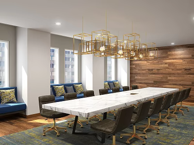 Elegant Modern Conference Room Interior With Long White Table Chairs Gold Chandeliers And Wooden Wall 3d model