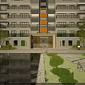 Modern High-Rise Building Entrance Gate With Glass Door Lighting Front Pool Stone Pathway And Greenery