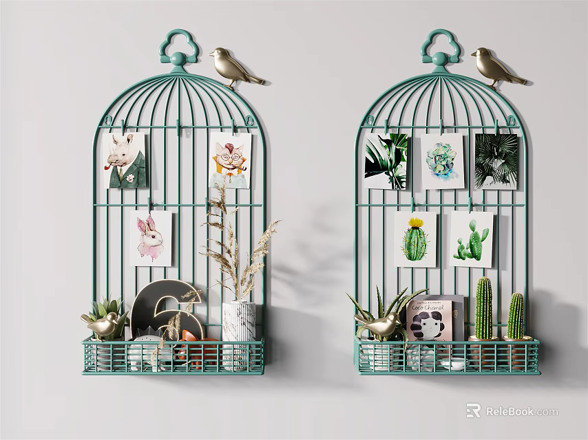 Green Birdcage Wall Decor With Decorative Prints Small Plants And Bird Figurines On White Wall 3d model 