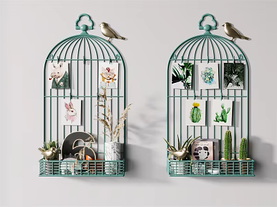 Green Birdcage Wall Decor With Decorative Prints Small Plants And Bird Figurines On White Wall 3d model