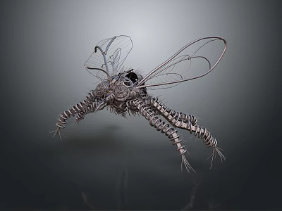 Mechanical Metallic Insect Featuring Transparent Wings Long Slender Legs And Reflection In Dark Background 3d model