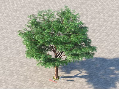 Lush Green Arbor With Brown Trunk And Red Sign On Paved Ground And Two People 3d model