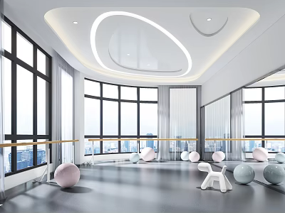 Spacious Modern Dance Fitness Studio With Large Windows Mirrored Walls Exercise Balls And Barre 3d model