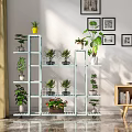 Bright Indoor Garden Decor With Multi Tiered Shelves Potted Plants And Wall Art