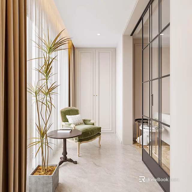 Modern Home Balcony With Green Armchair Coffee Table Tall Plant Brown Curtains And Marble Floor 3d model 