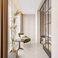 Modern Home Balcony With Green Armchair Coffee Table Tall Plant Brown Curtains And Marble Floor