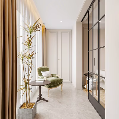 Modern Home Balcony With Green Armchair Coffee Table Tall Plant Brown Curtains And Marble Floor 3d model